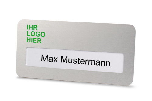 Aluminium Namensschild, Format: 74 x 36 mm, inkl. Logodruck (4-farbig)