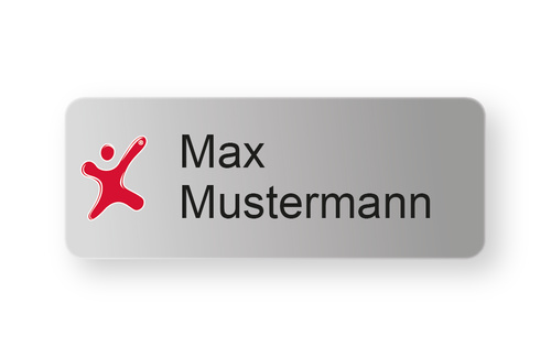 Namensschild Aluminium 60 x 25 mm, 2-zeilig (Logo und Name gedruckt)