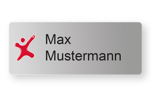 Namensschild Aluminium 70 x 30 mm, 2-zeilig (Logo und Name gedruckt)