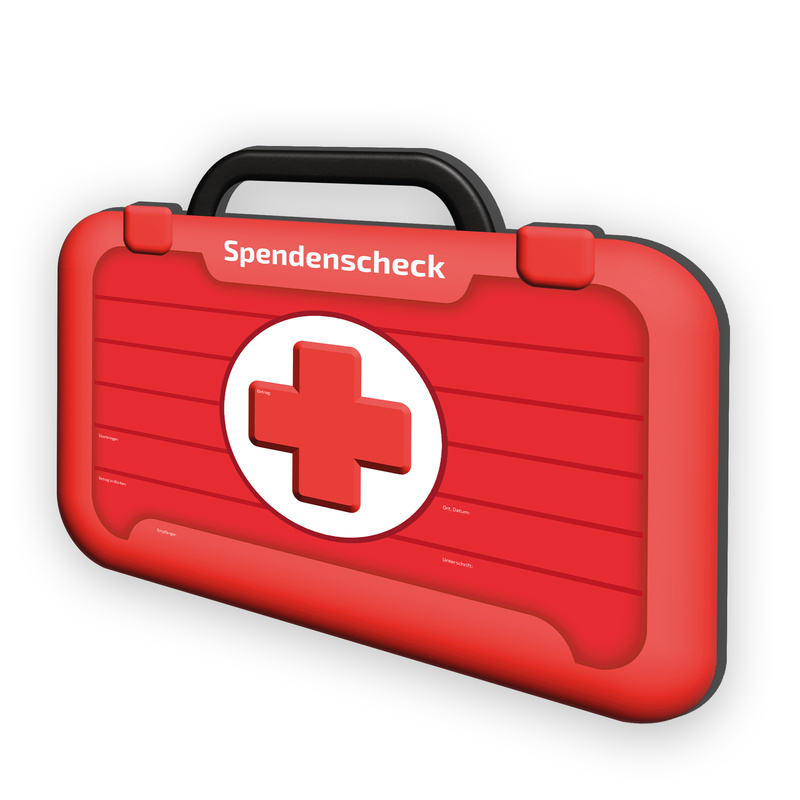 Erste Hilfe Koffer Spendenscheck, PR Scheck, Übergabescheck (rot)