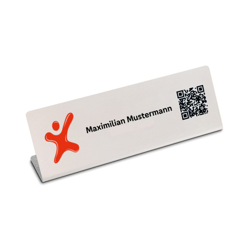 Tischschild Aluminium 150 x 50 mm, mit Logo & QR-Code (mit bestehenden vCard-Profil)